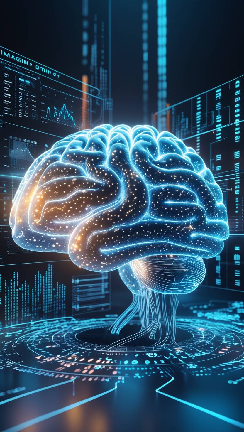 Futuristic AI Concept "A glowing, digital AI brain with intricate neural network patterns, surrounded by holographic futuristic data visuals, graphs, and binary code