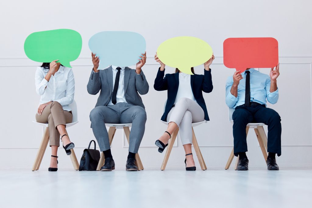 Speech bubble, opinion and business people for social media communication, vote or voice and waitin