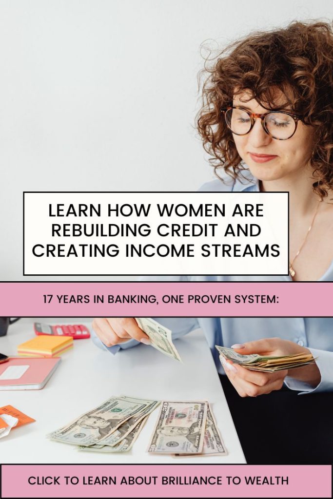 woman counting money on a table—Pinterest pin of a digital products brand