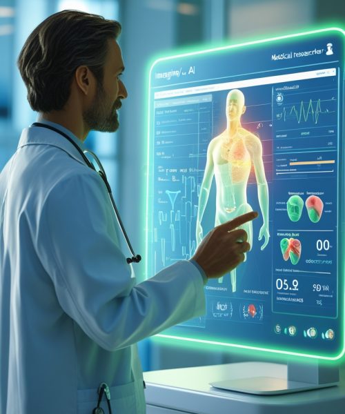 AI in Healthcare "A doctor or medical researcher standing in a modern clinic, interacting with AI-powered holographic diagnostic tools